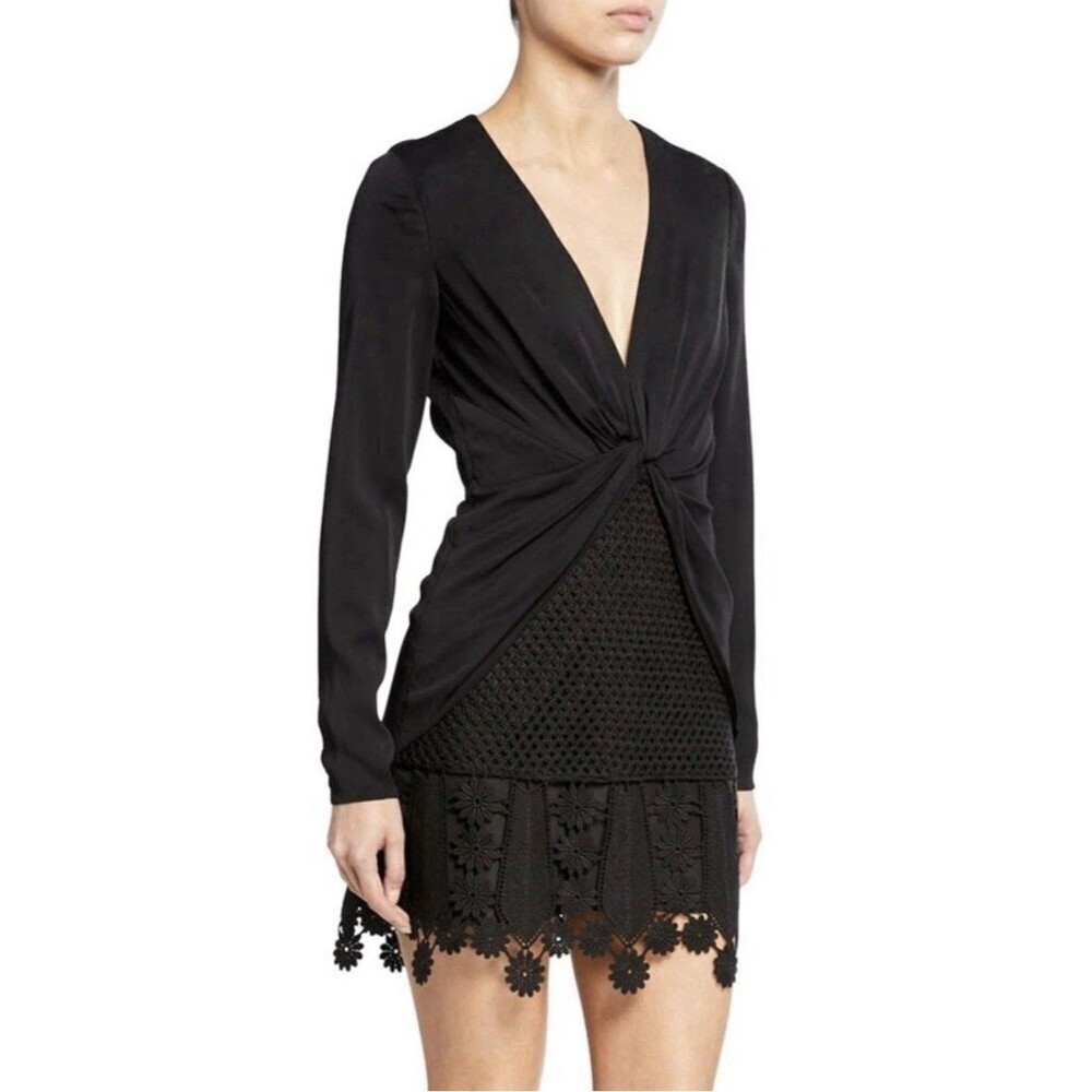 Self-Portrait Black Knotted V-Neck Guipure Lace Mini Dress Size 8